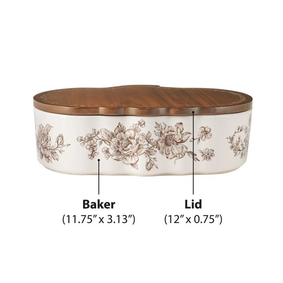 Pioneer Woman Pumpkin Baker Agatha Brown Floral Stoneware & Acacia Wood Lid 3qt - Picture 5 of 6